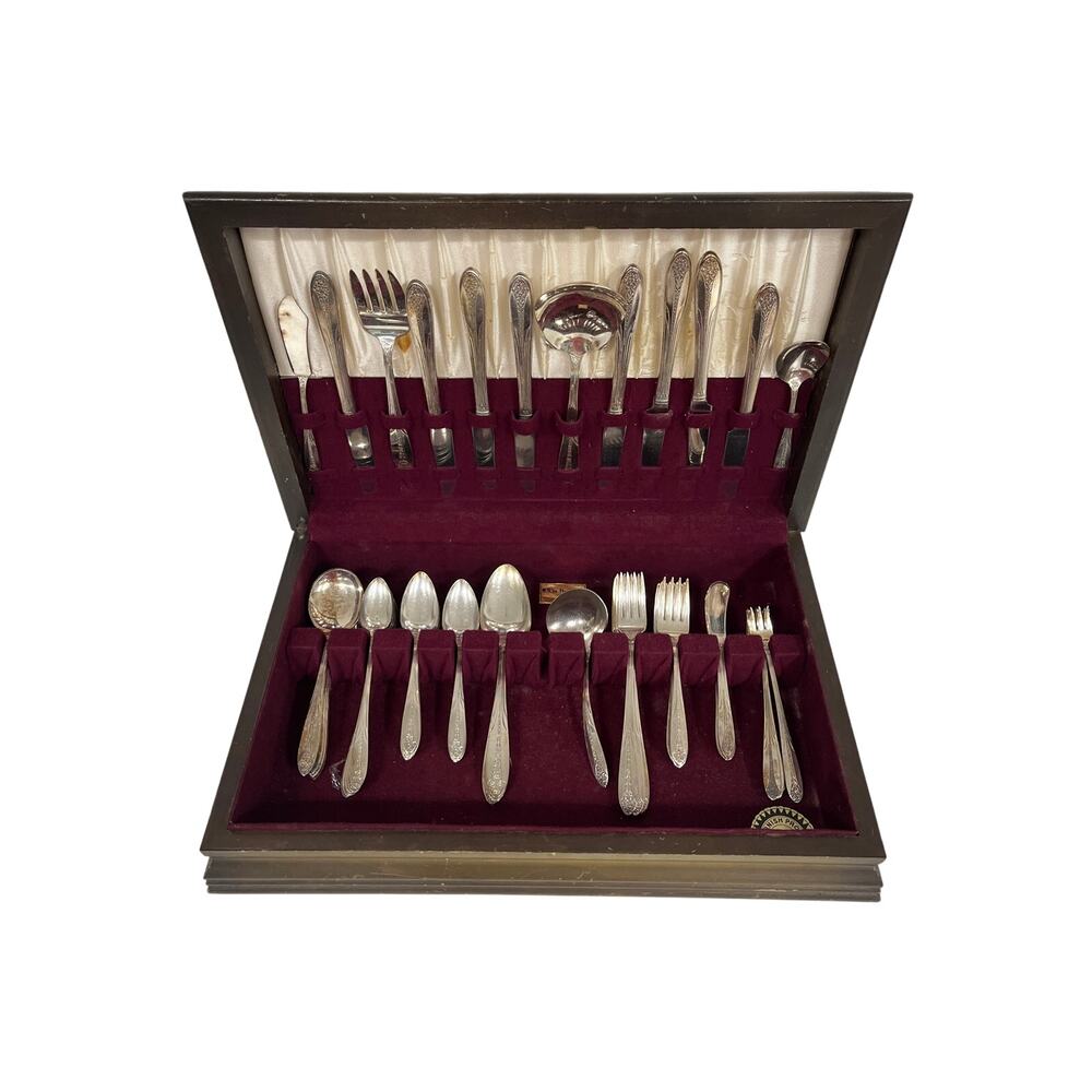 VTG Rogers Silver Plate Princess Royal Flatware Set w Wooden Box Tableware 77Pcs